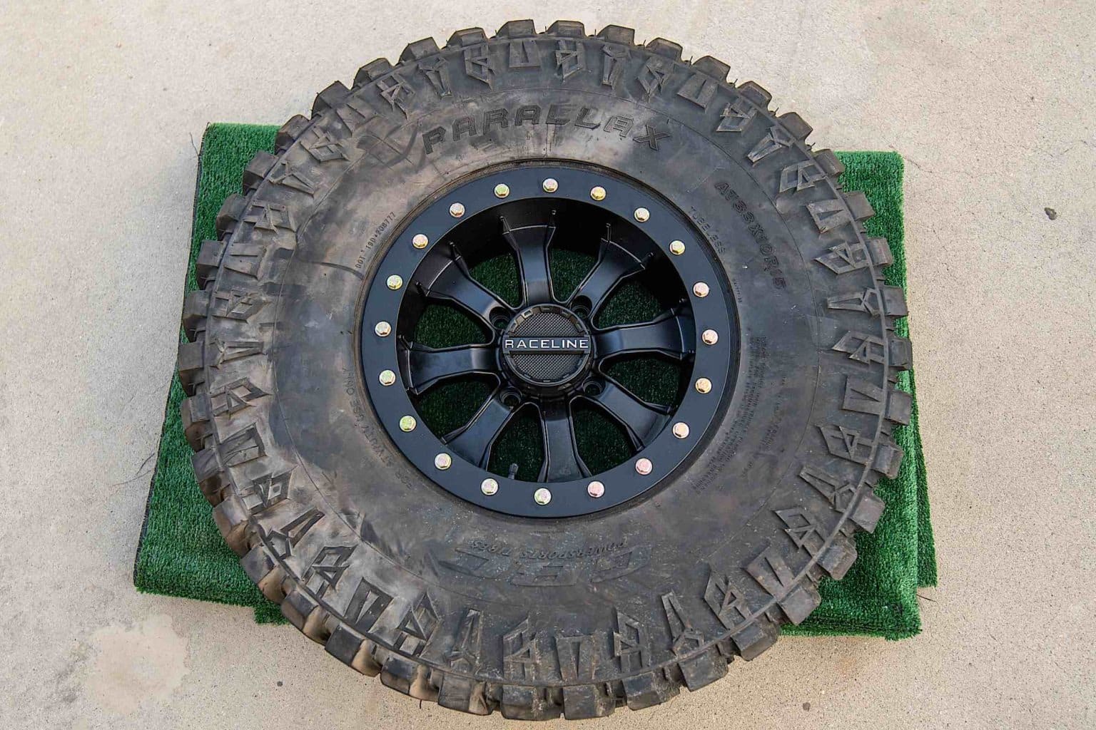 A fully assembled beadlock wheel and tire.