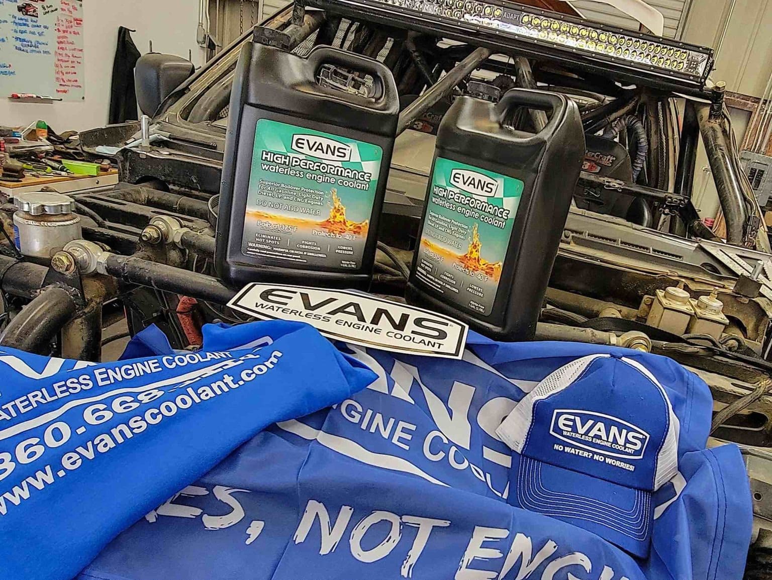 A jug of Evans High Performance Waterless Engine Coolant