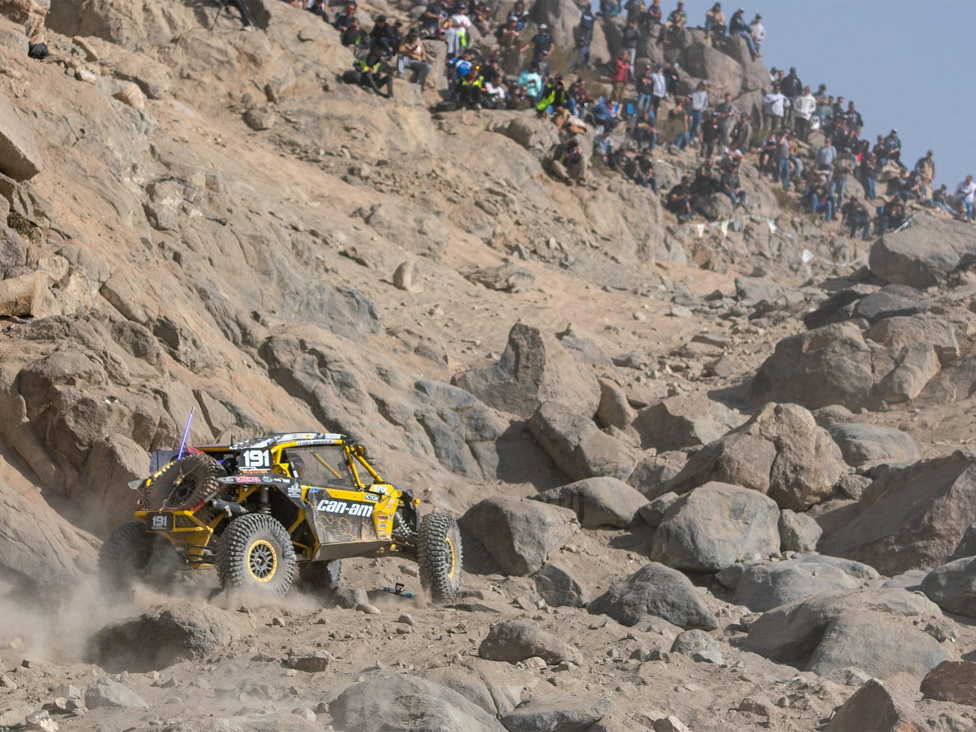 The King of Hammers race rally vehicle on a rocky hillside.