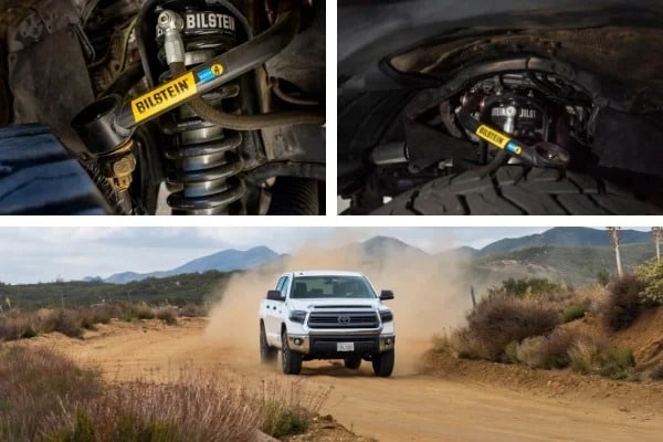 A collage of Bilstein control arms and a truck racing along a dirt road.